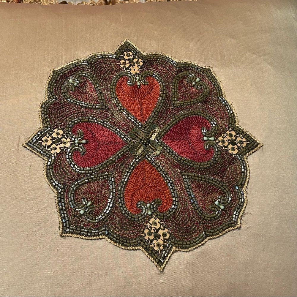 Boho Silk Satin Peach Embroidered Decorative Pillow Fringe Ribbon Down 21 Square - Picture 6 of 9